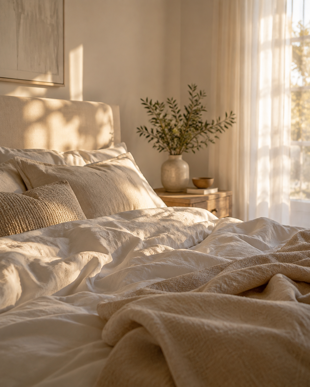 Chambre apaisée aux tons beige et lumière douce du matin, évoquant le sommeil et la récupération