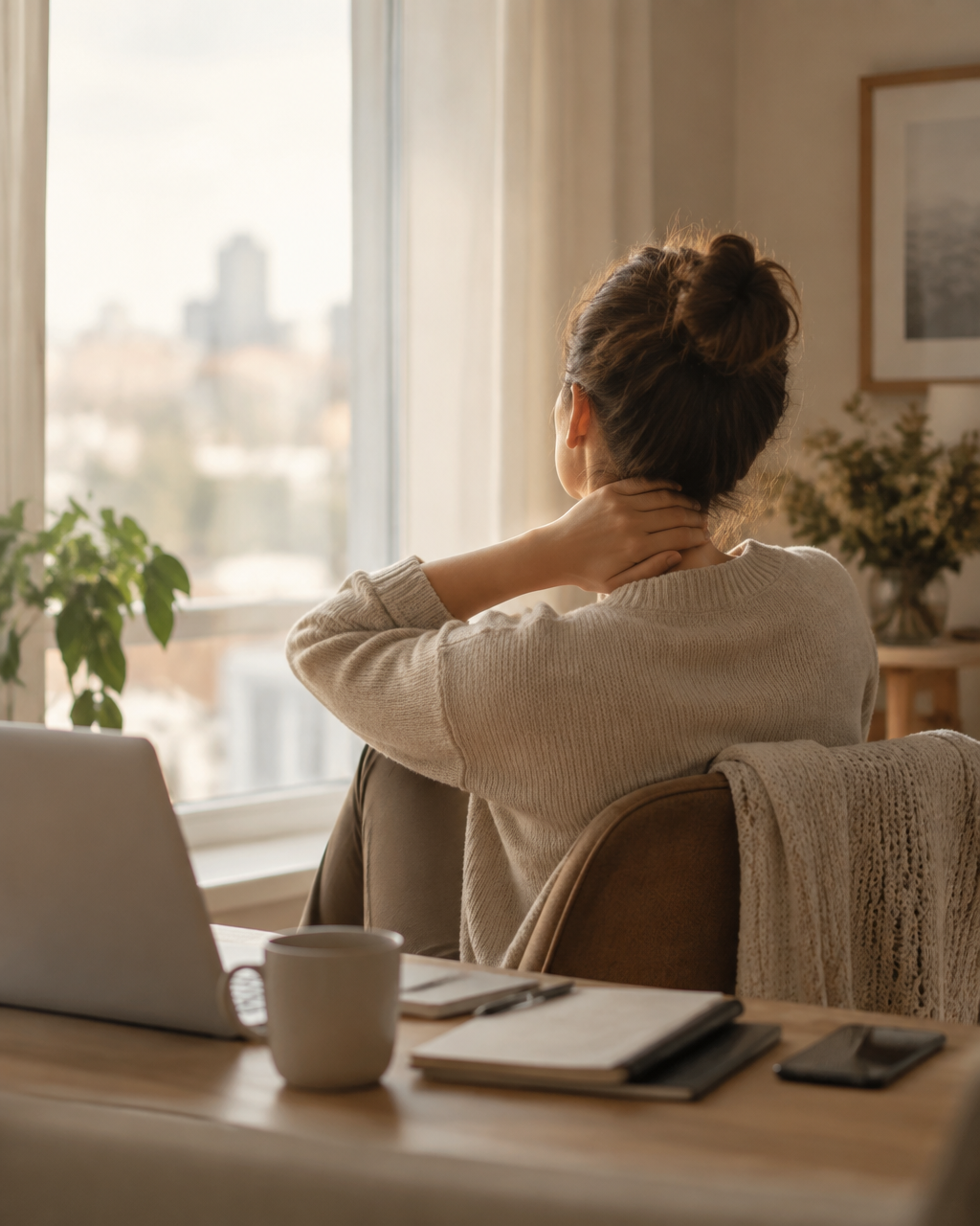 Femme assise à une fenêtre, la main posée sur la nuque, tension tenue au quotidien
