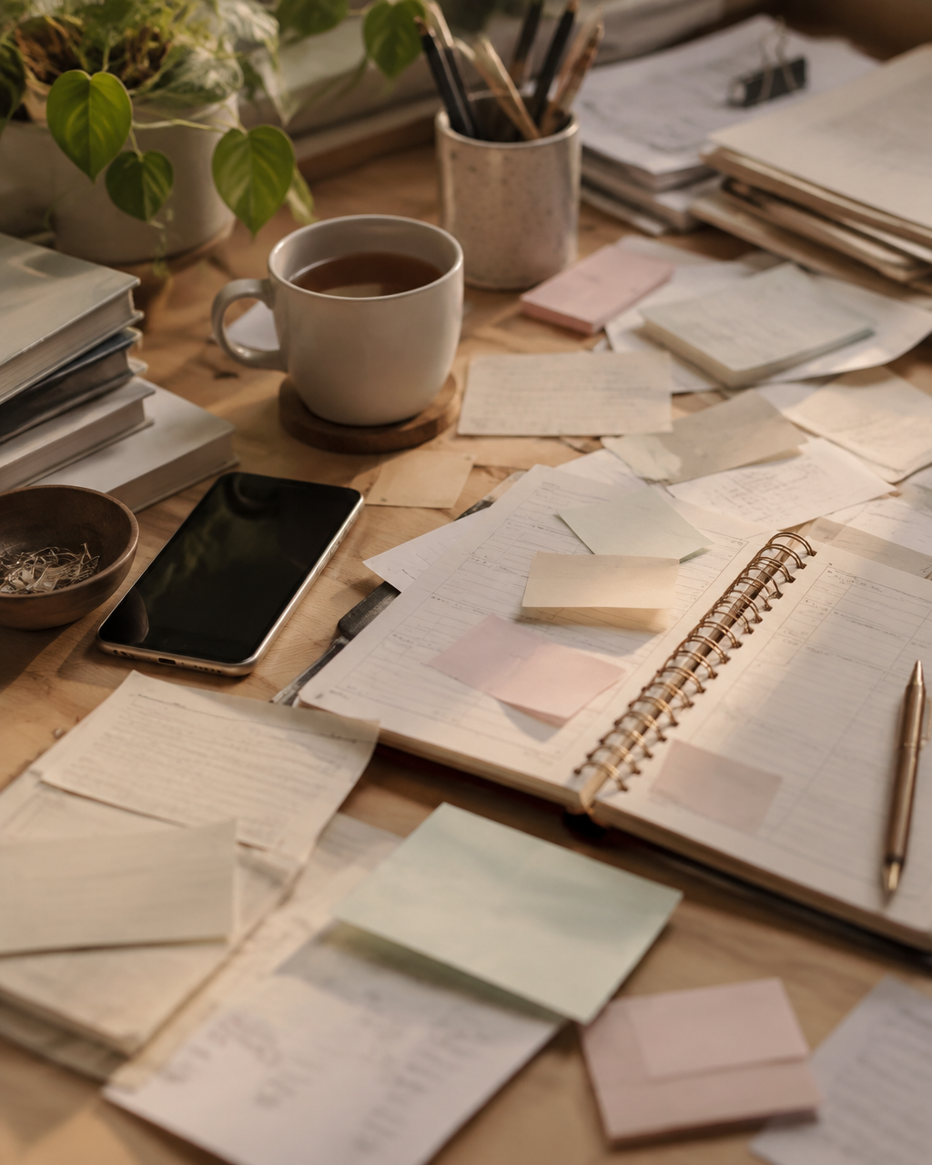 Bureau couvert de notes et de listes de tâches en lumière douce, évoquant la fatigue mentale